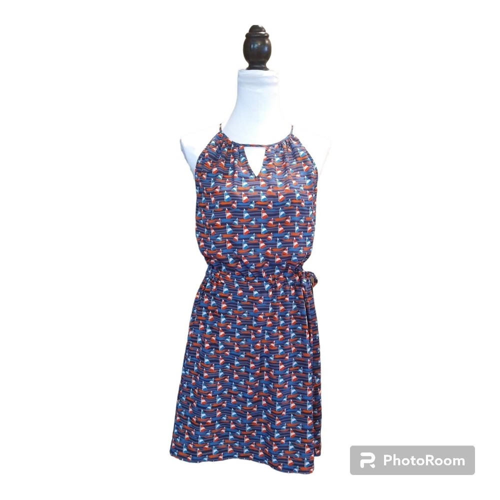 41 Hawthorn Tammi in Blue Sailboat Boat Print Blouson Key Hole Dress M